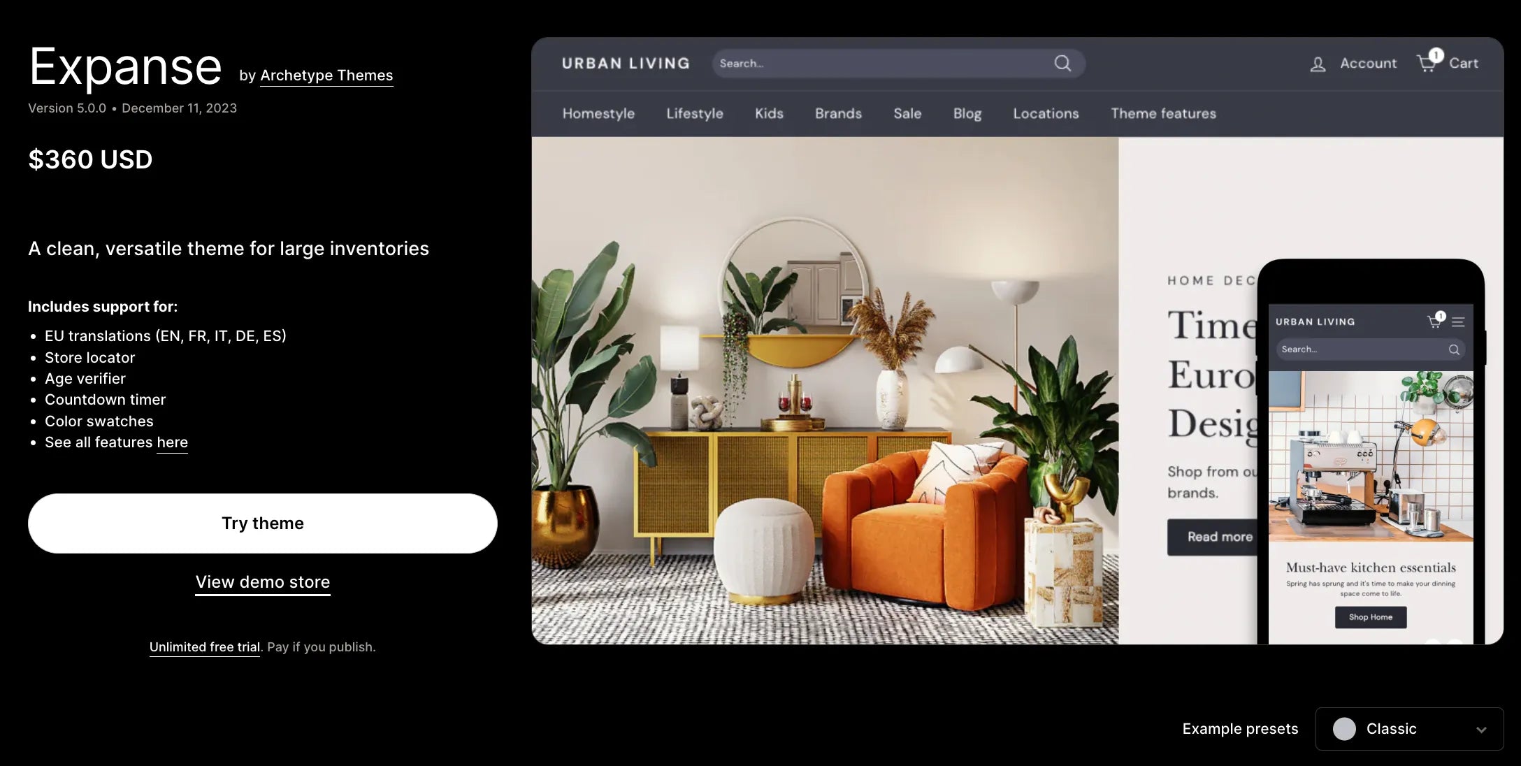 A screenshot of Expanse a Shopify blog theme.