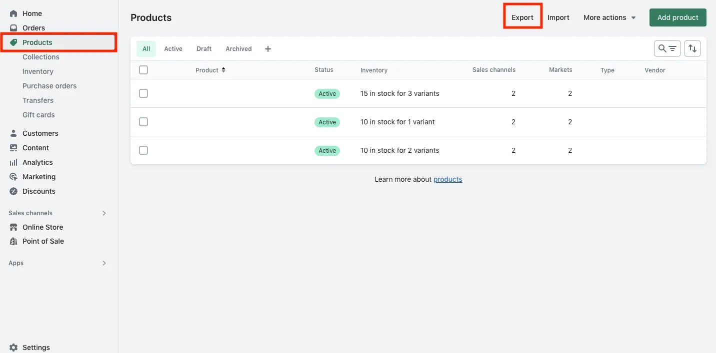 export products shopify