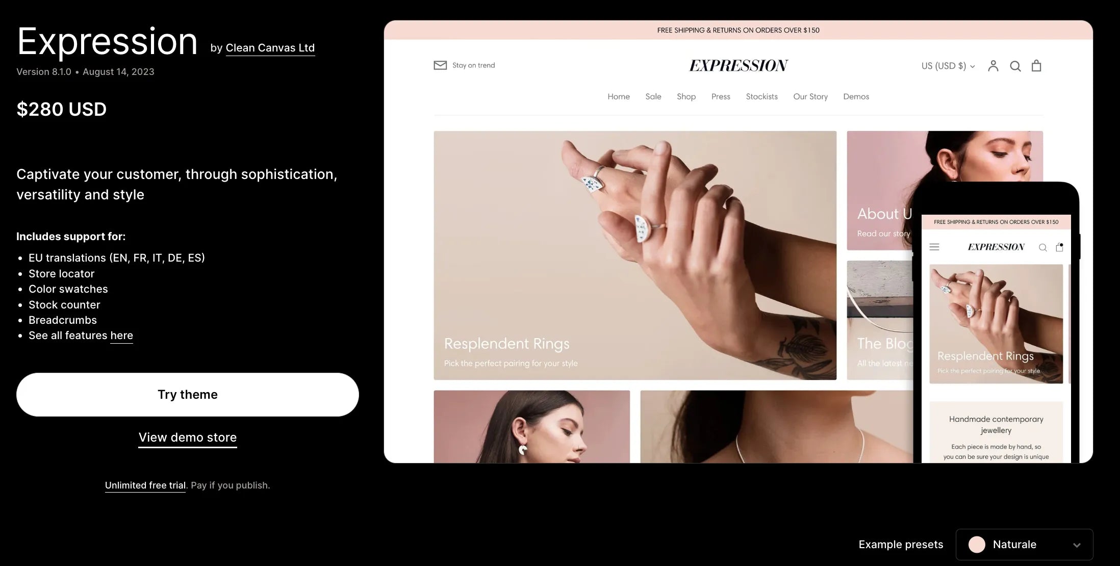 A screenshot of Expression a Shopify blog theme.