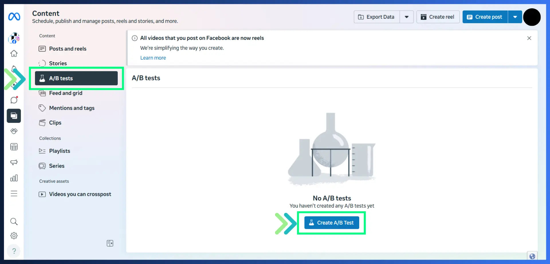 A/B tests page in Meta Business Suite admin