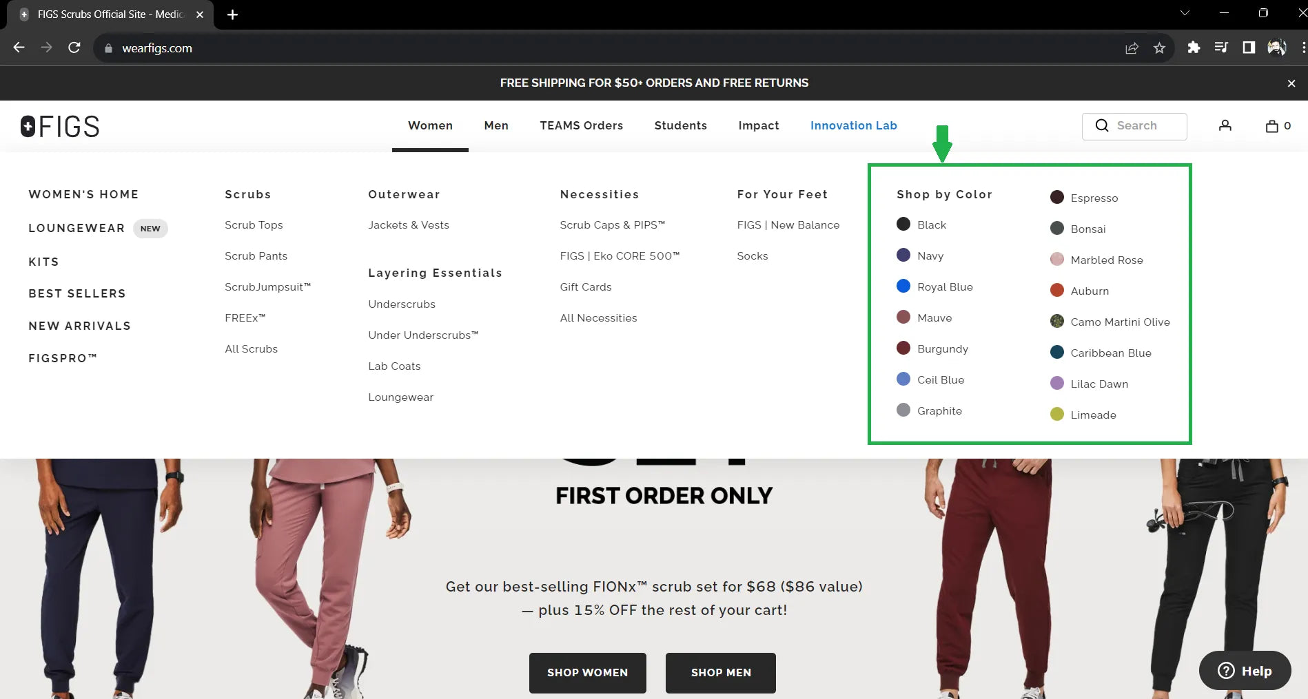 Shop by Color option in the header menu