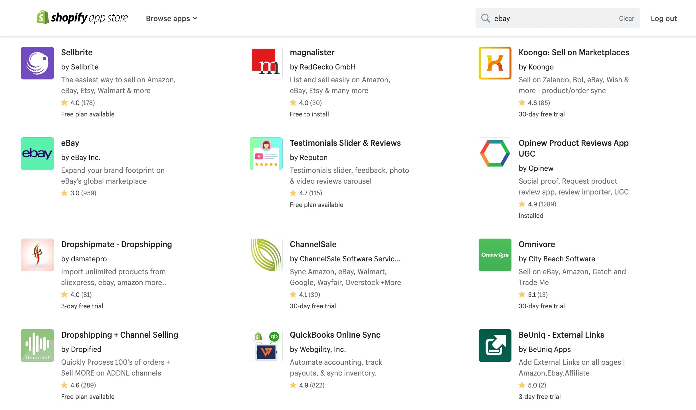 Find the eBay app in the Shopify App store