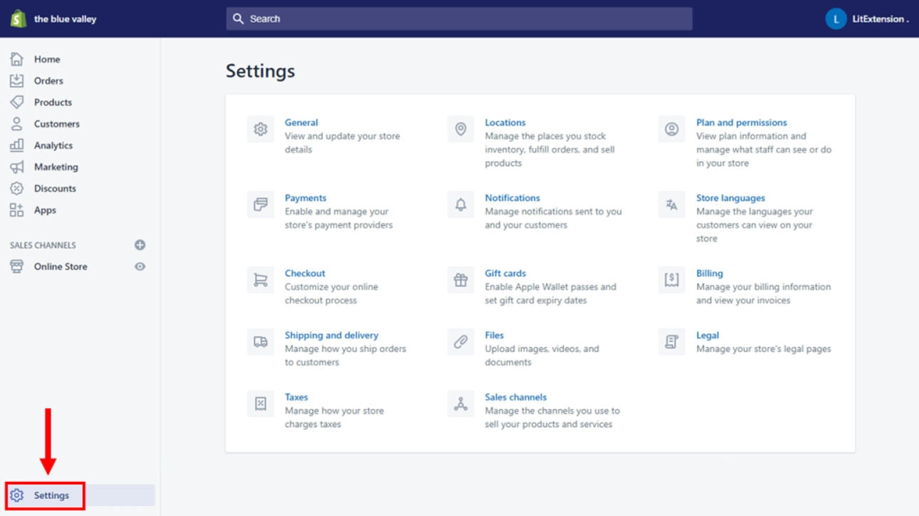 Find settings in the dashboard