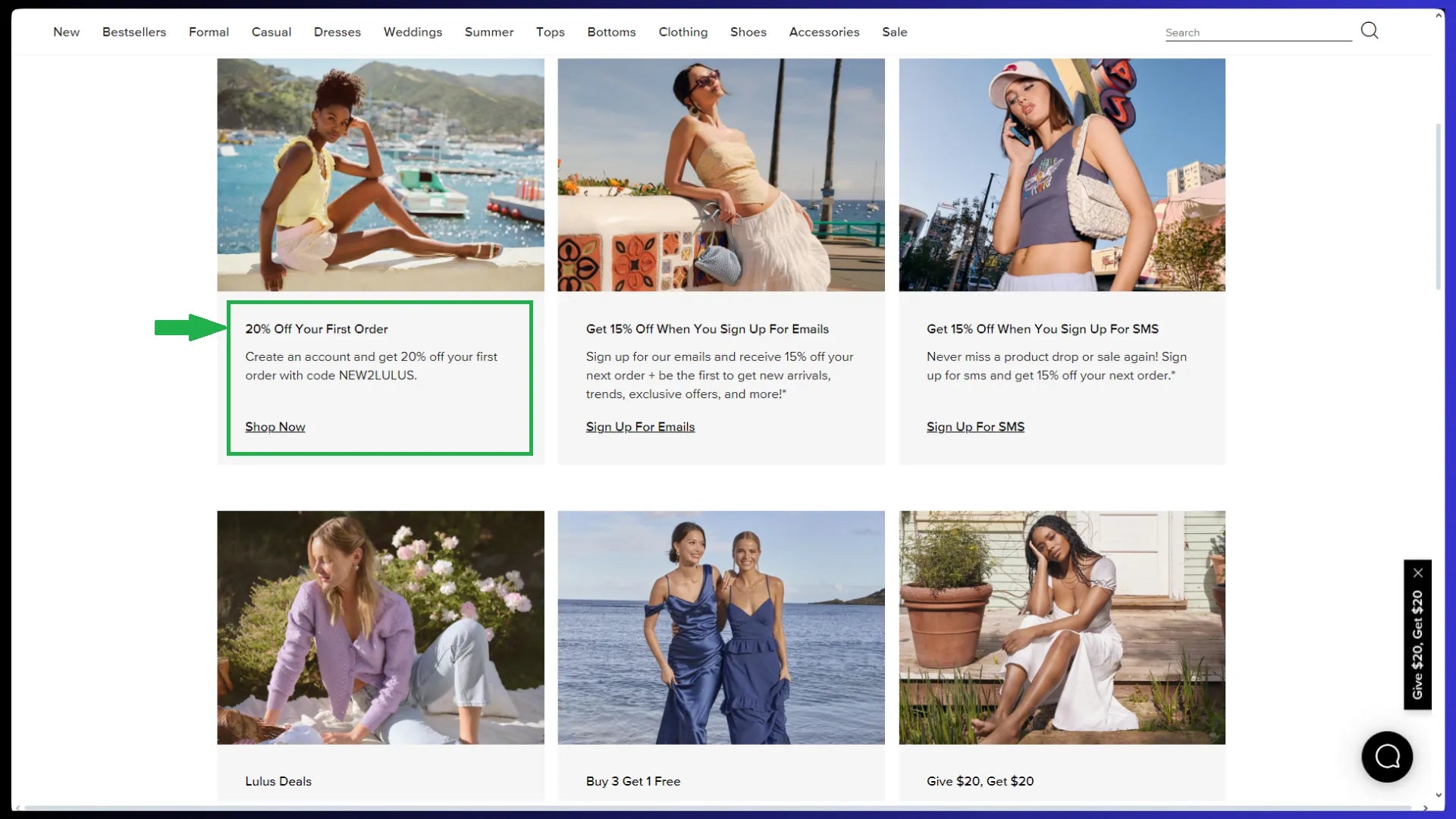 Promociones de ventas en el sitio web de Lulus