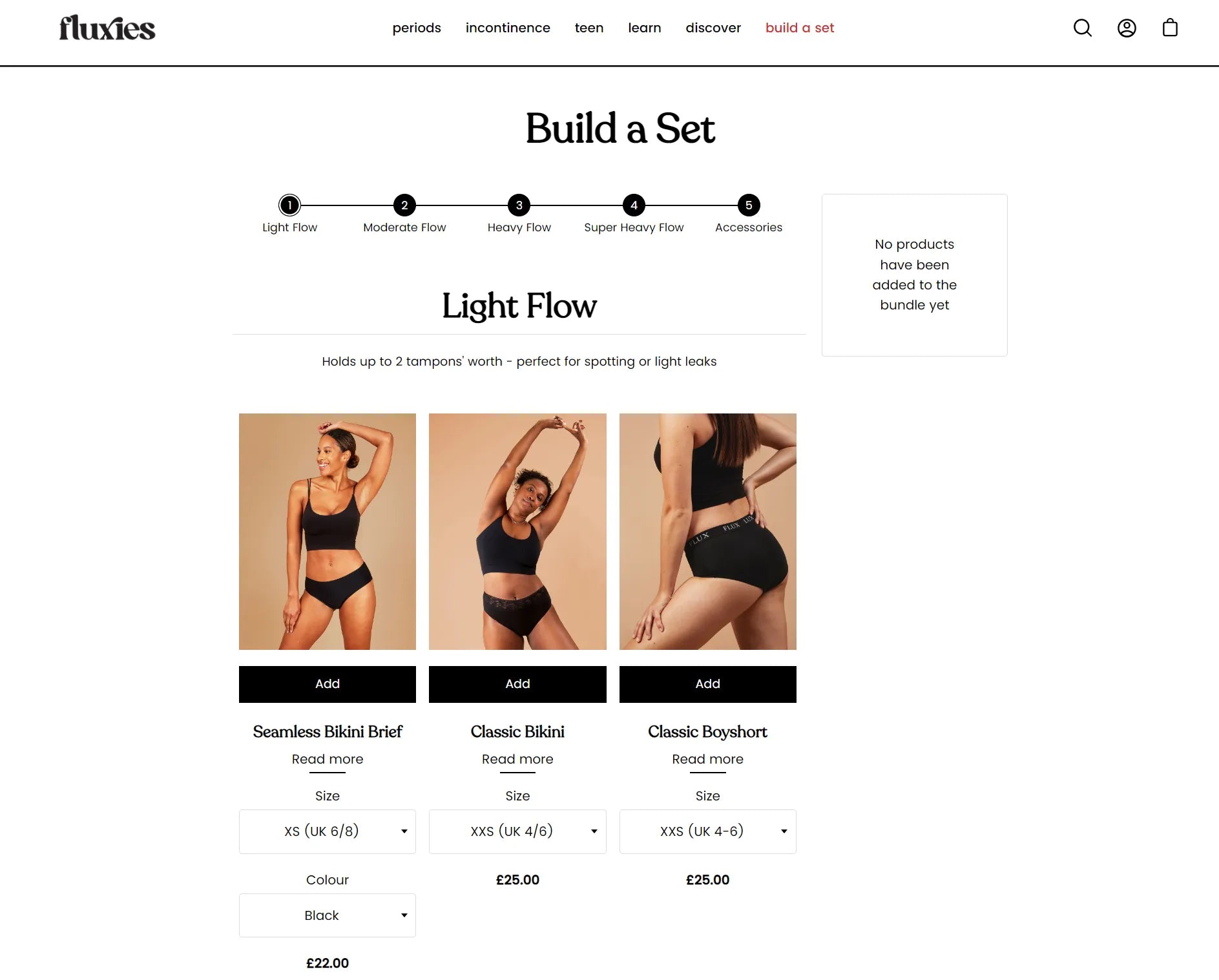 Captura de pantalla de la función «Construye un conjunto» en el sitio web de Fluxies.