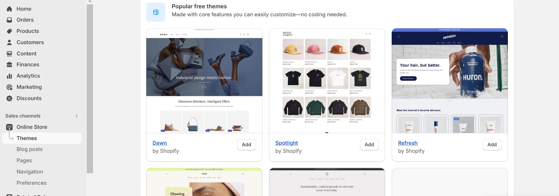 Popular free Shopify blog themes presented in the admin dashboard