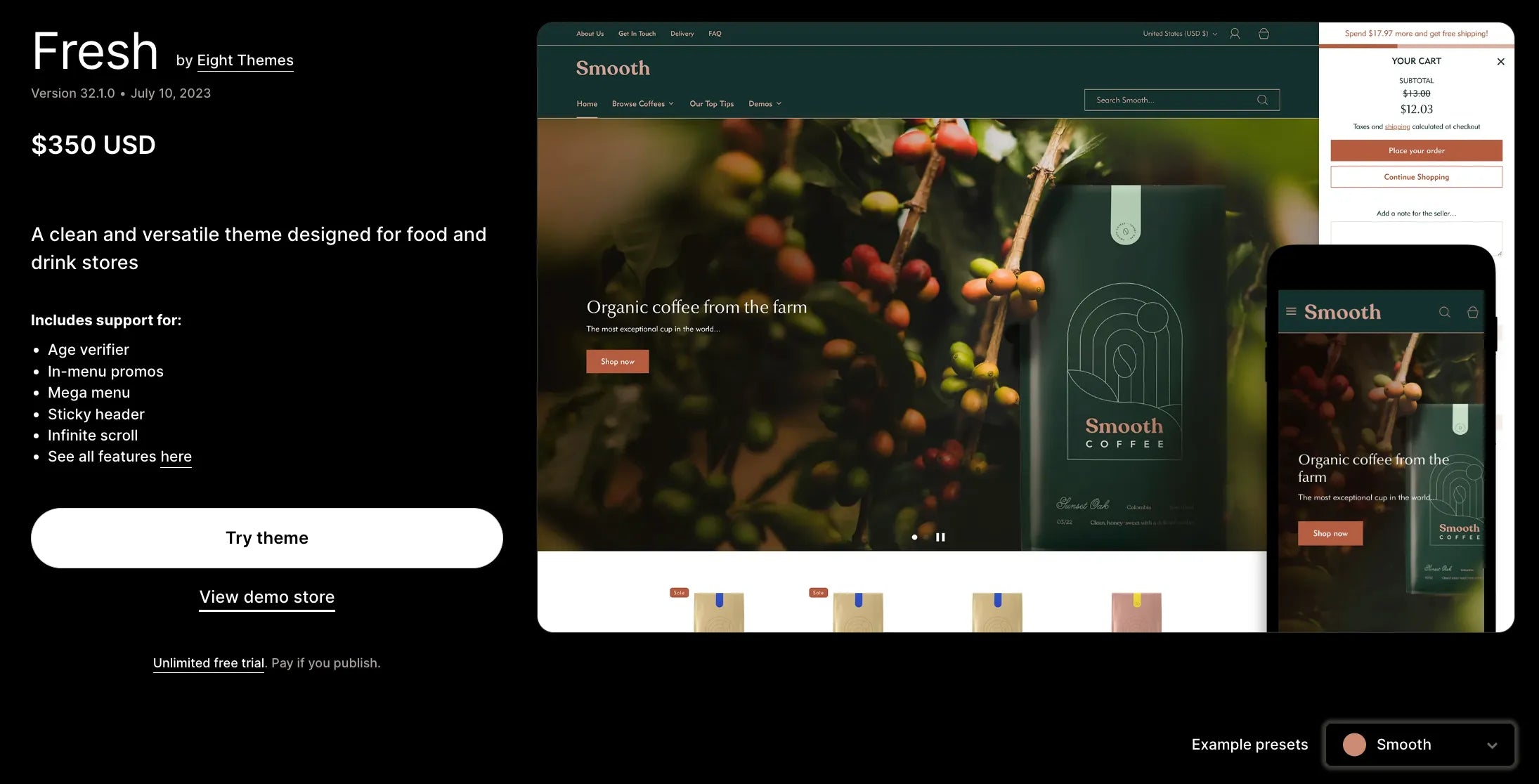 Fresh Shopify 博客主题的屏幕截图。