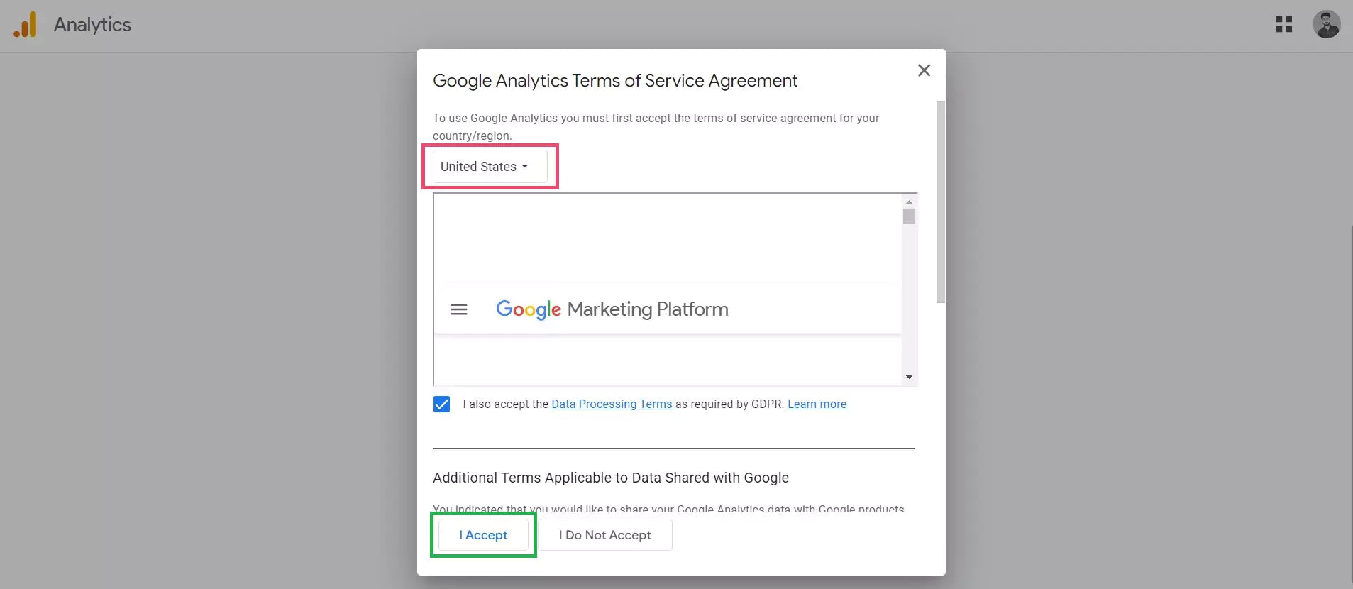 Google Analytics Terms of Service Agreement