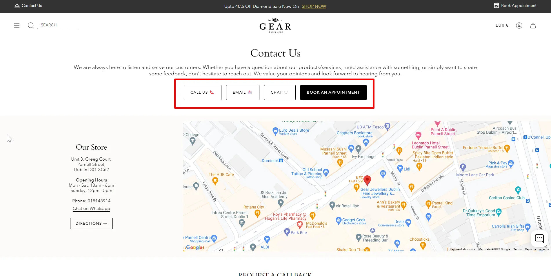 Screenshot of Gear Jewellers’ customer support options