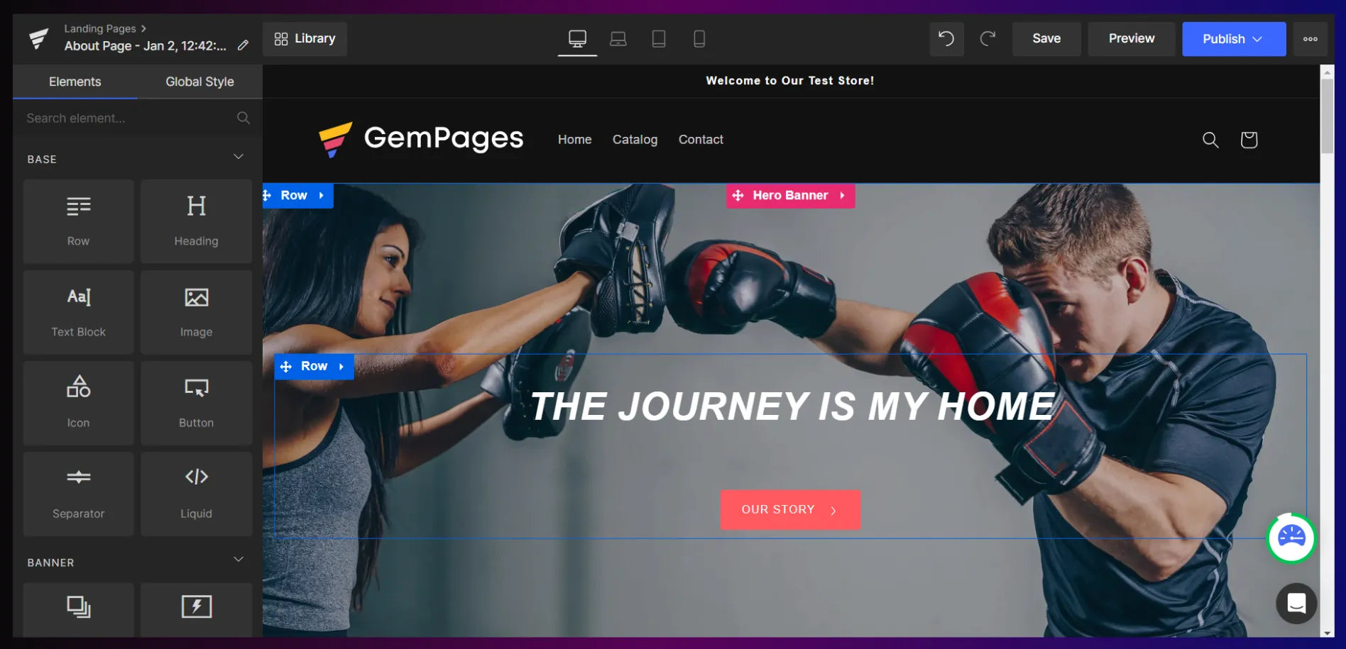 The About page template in Gempages’ visual editor