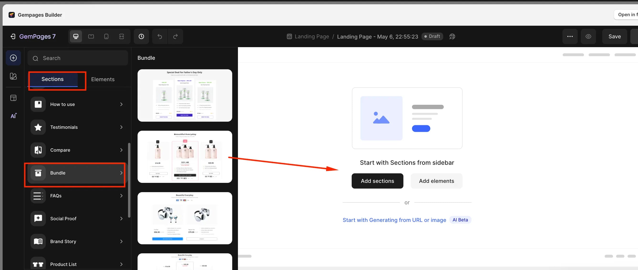 gempages 编辑器中插入捆绑部分的屏幕截图。