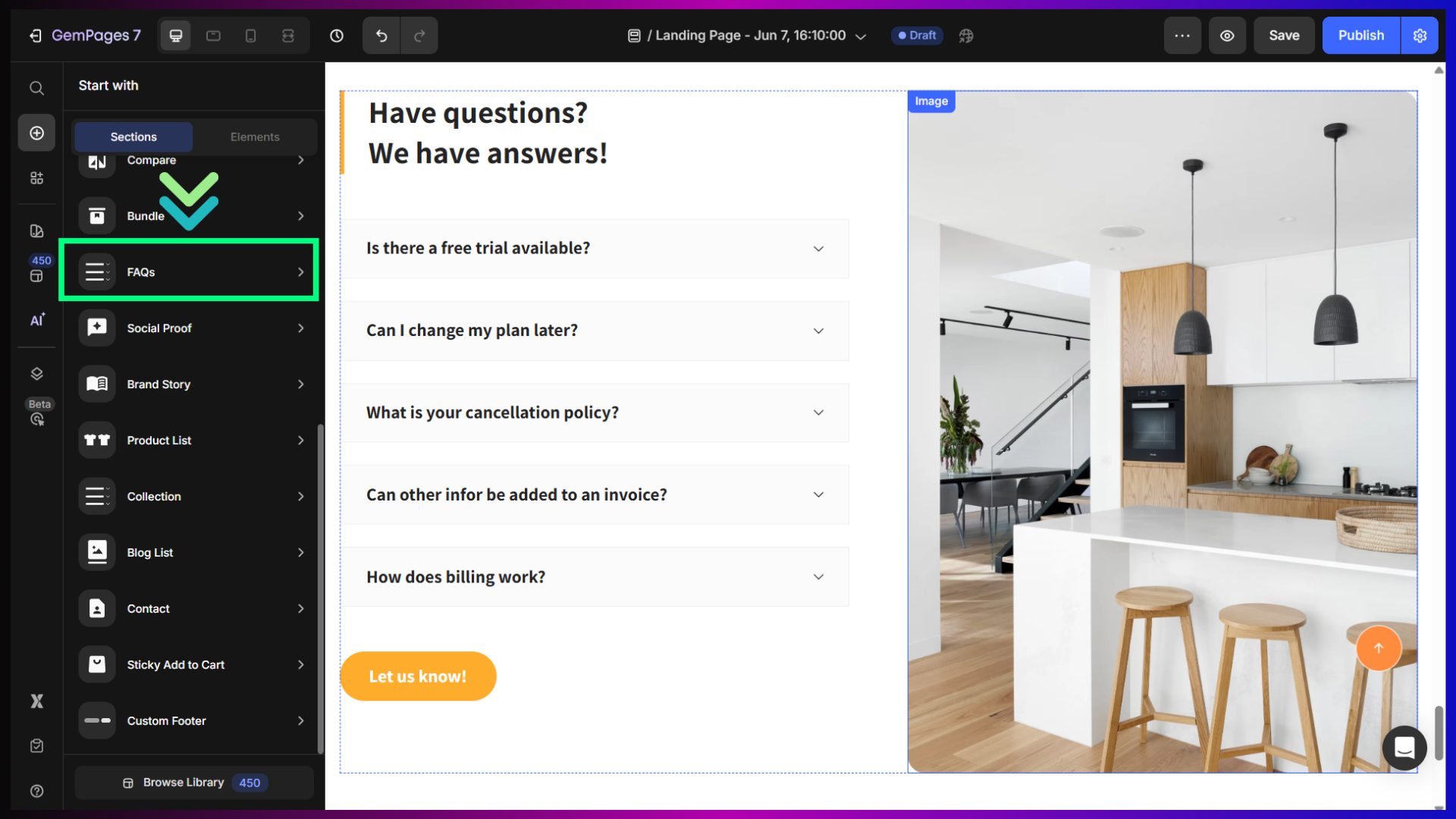 FAQs section in GemPages visual editor