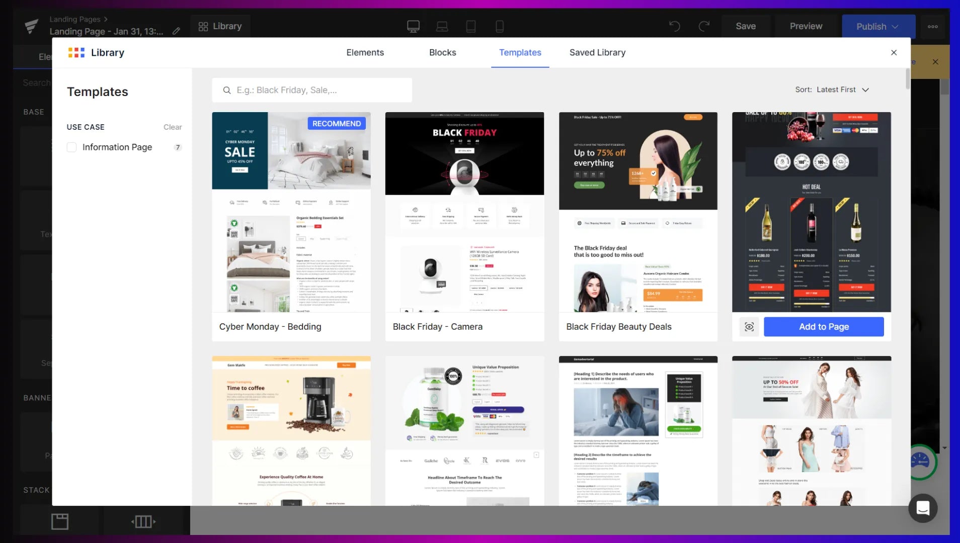 GemPages templates library with landing page templates