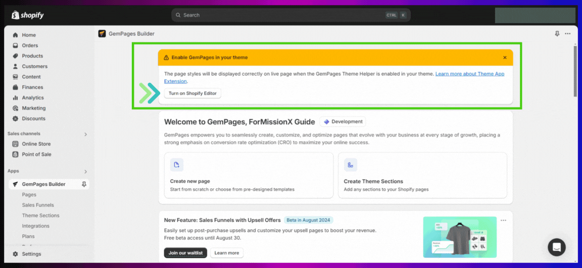 GemPages app inside Shopify admin