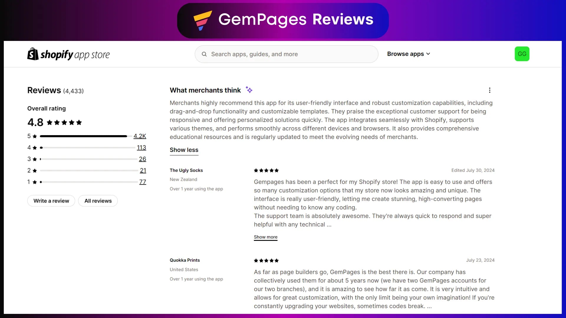 GemPages reviews on the Shopify App Store