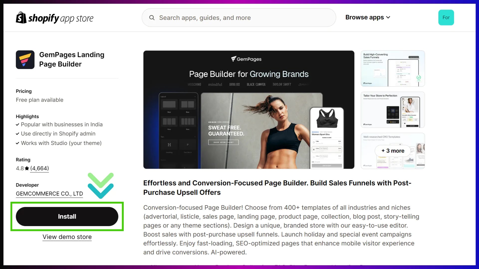 GemPages app in the Shopify App Store