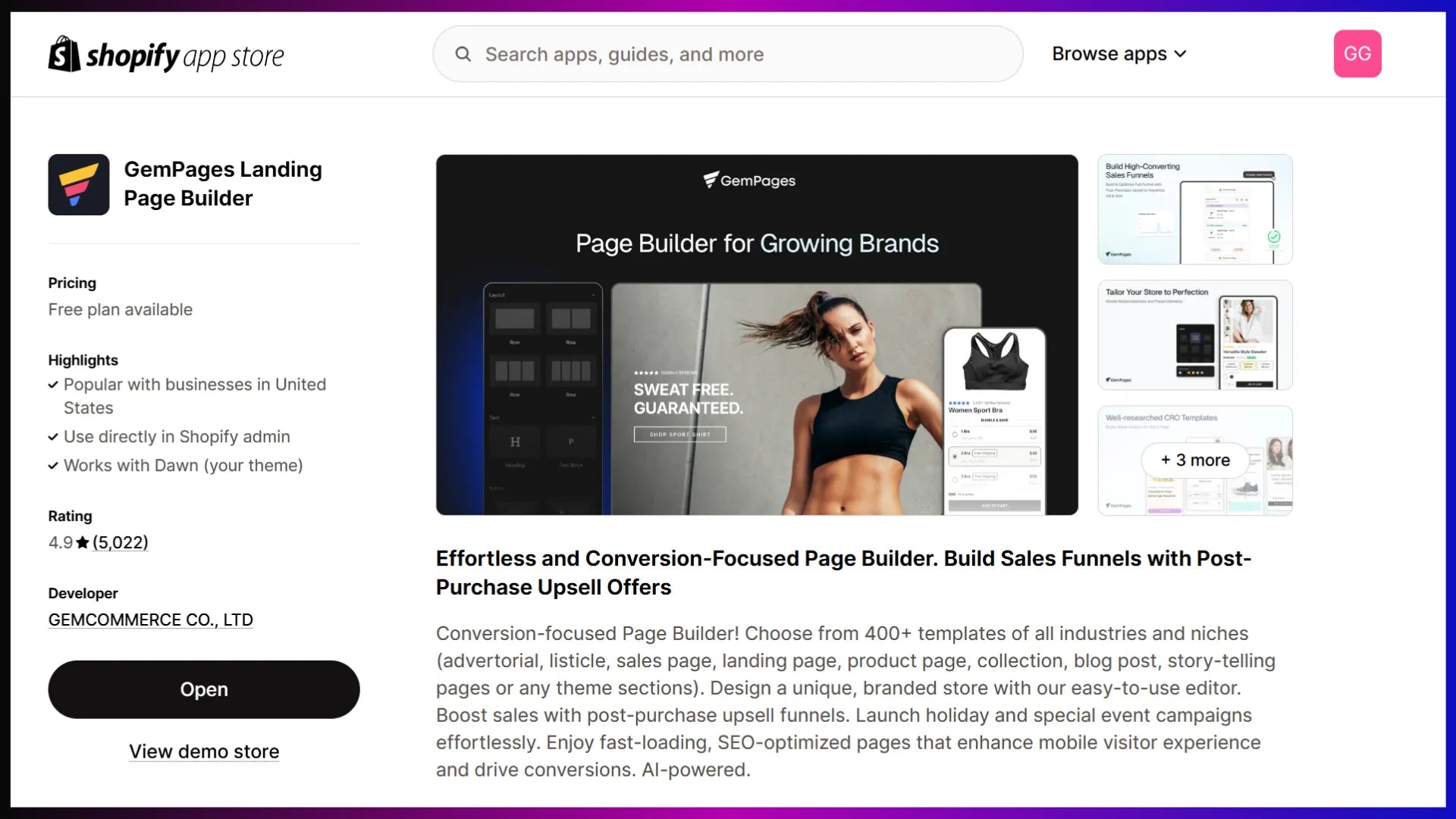 GemPages app in the Shopify App Store