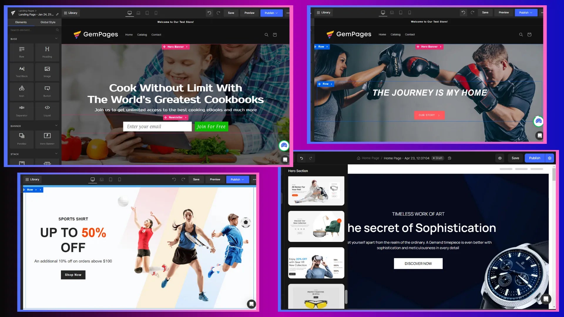 GemPages’ visual editor with different design templates