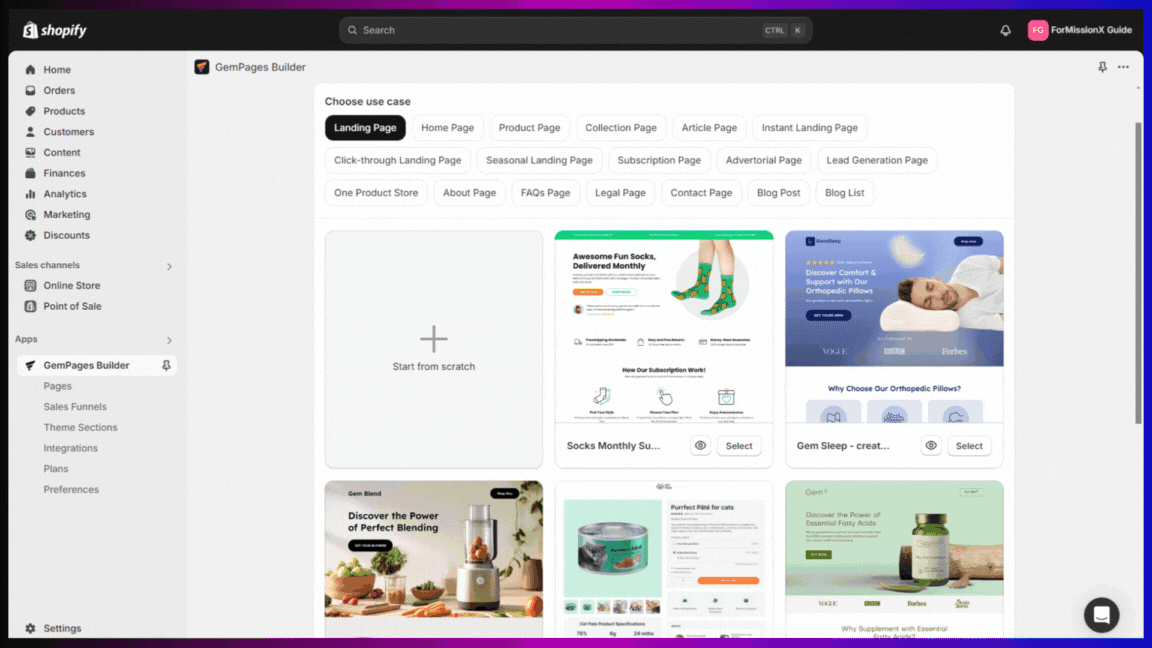 GemPages app inside Shopify admin