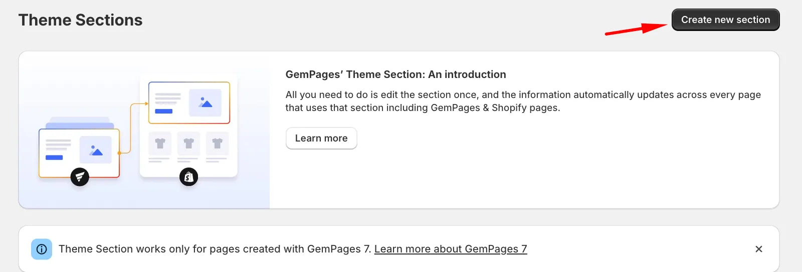 A screenshot of GemPages’ dashboard highlighting its Theme Section button.