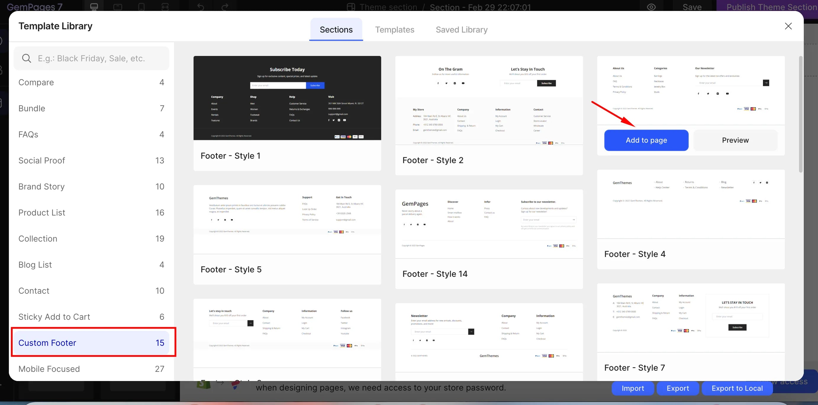 A screenshot of GemPages’ Theme Section and its template library.