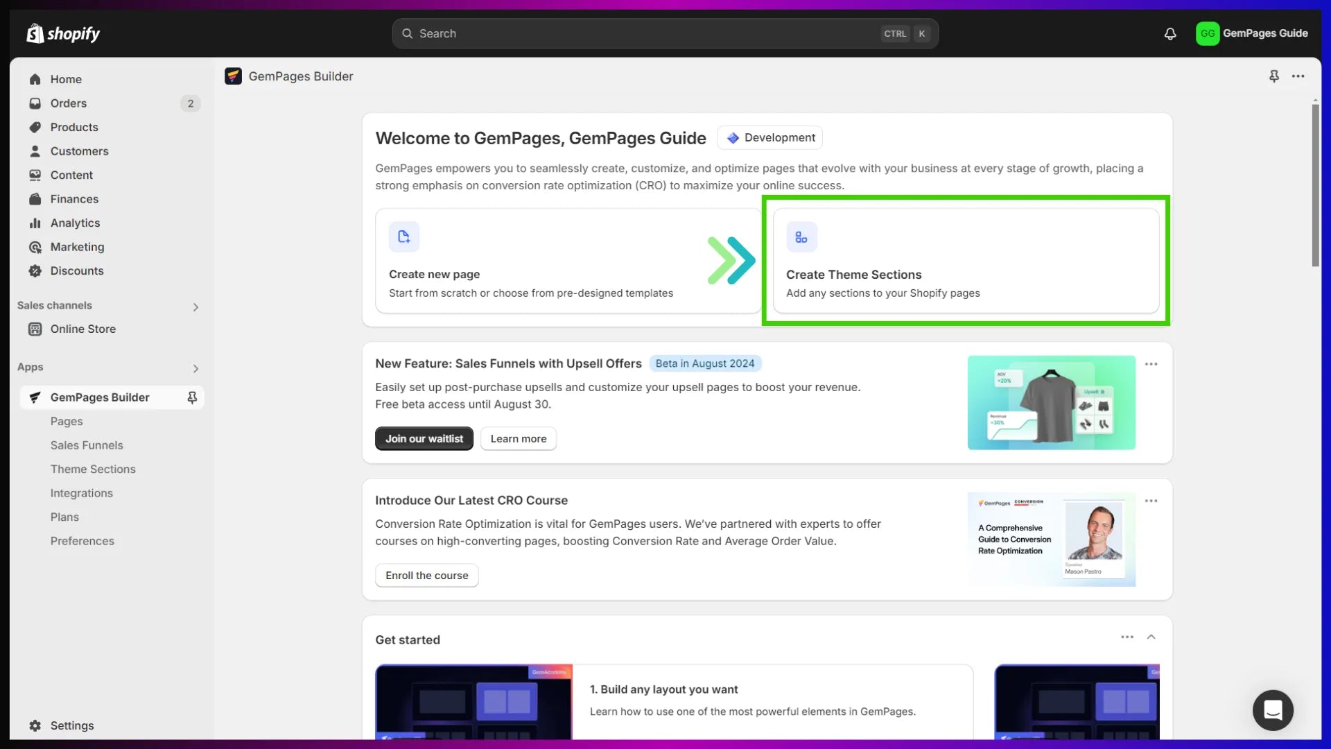 Theme section feature in GemPages dashboard