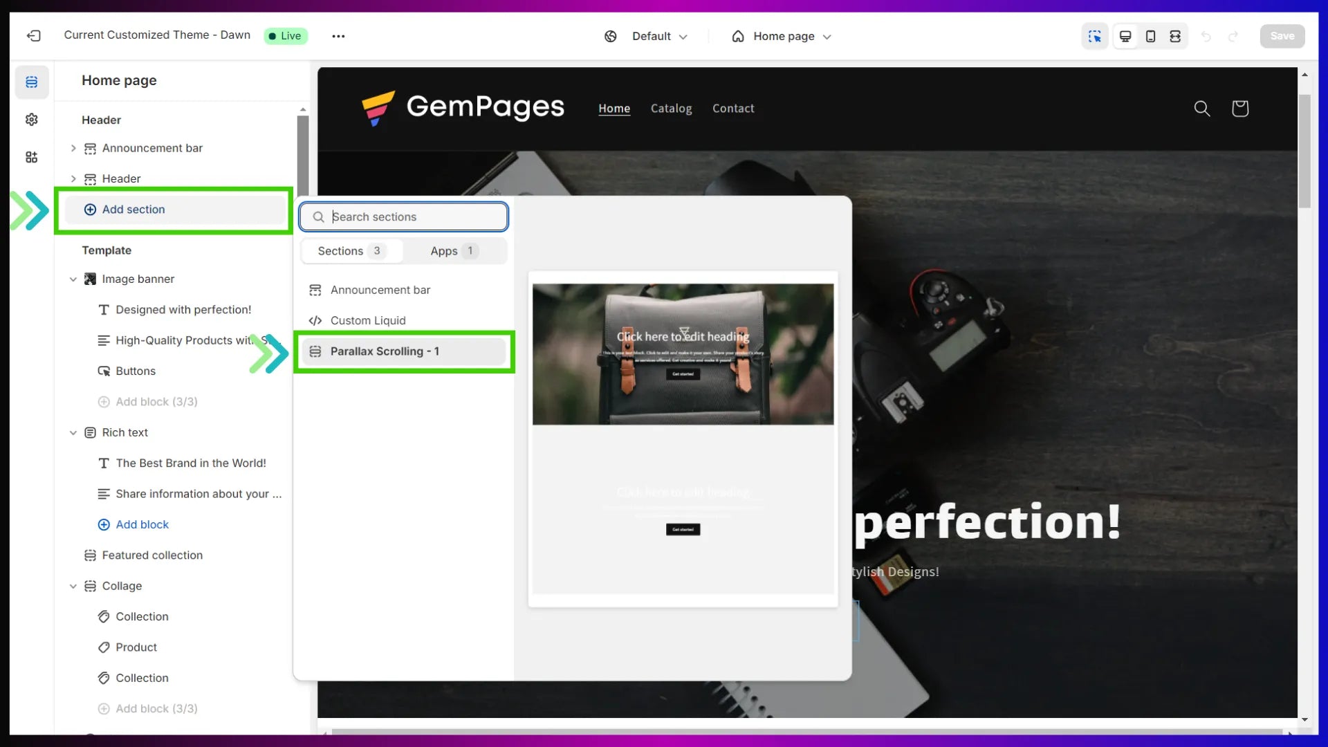 Parallax theme section in Shopify theme editor