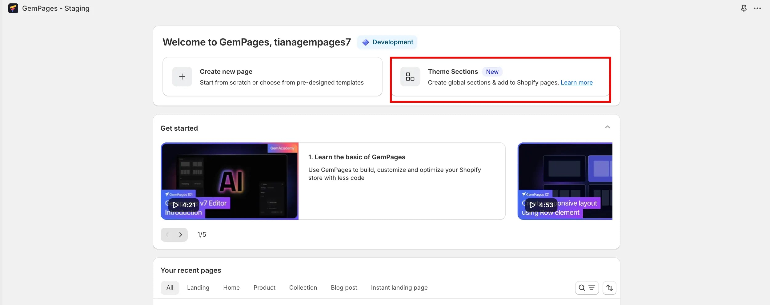 A screenshot of GemPages’ dashboard highlighting its Theme Sections feature.