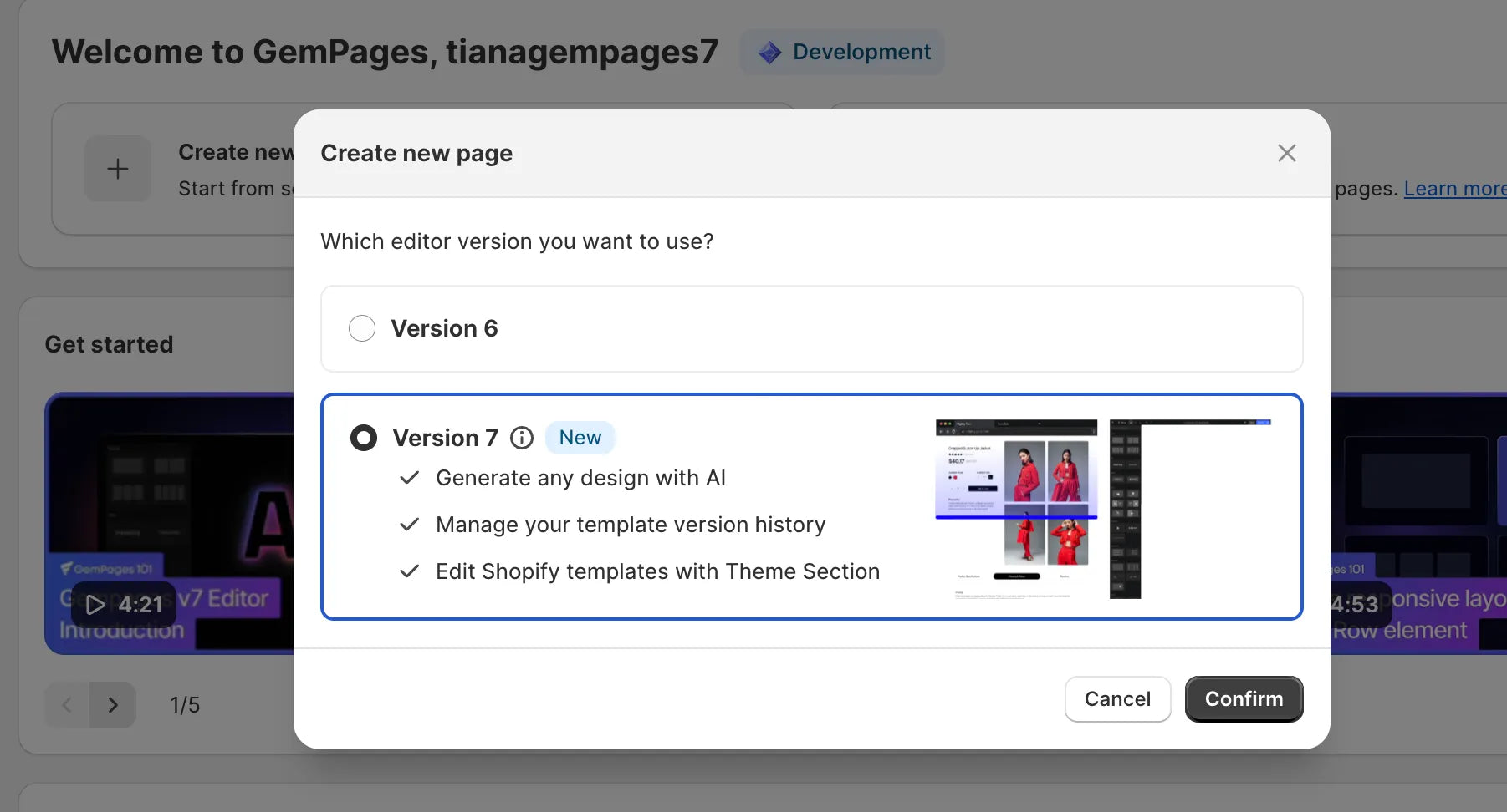 A screenshot of GemPages’ editor versions