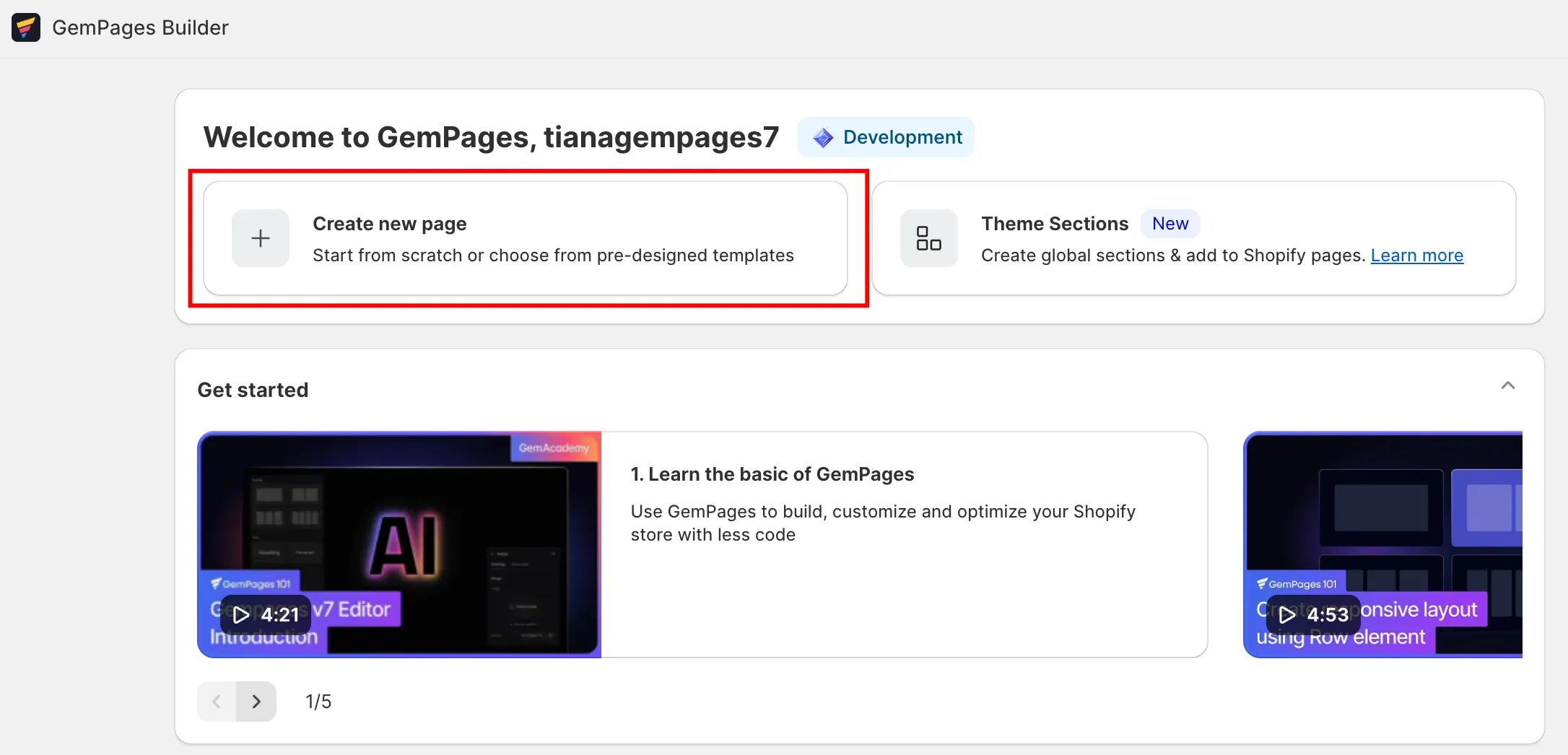 A screenshot of GemPages’ create new page.