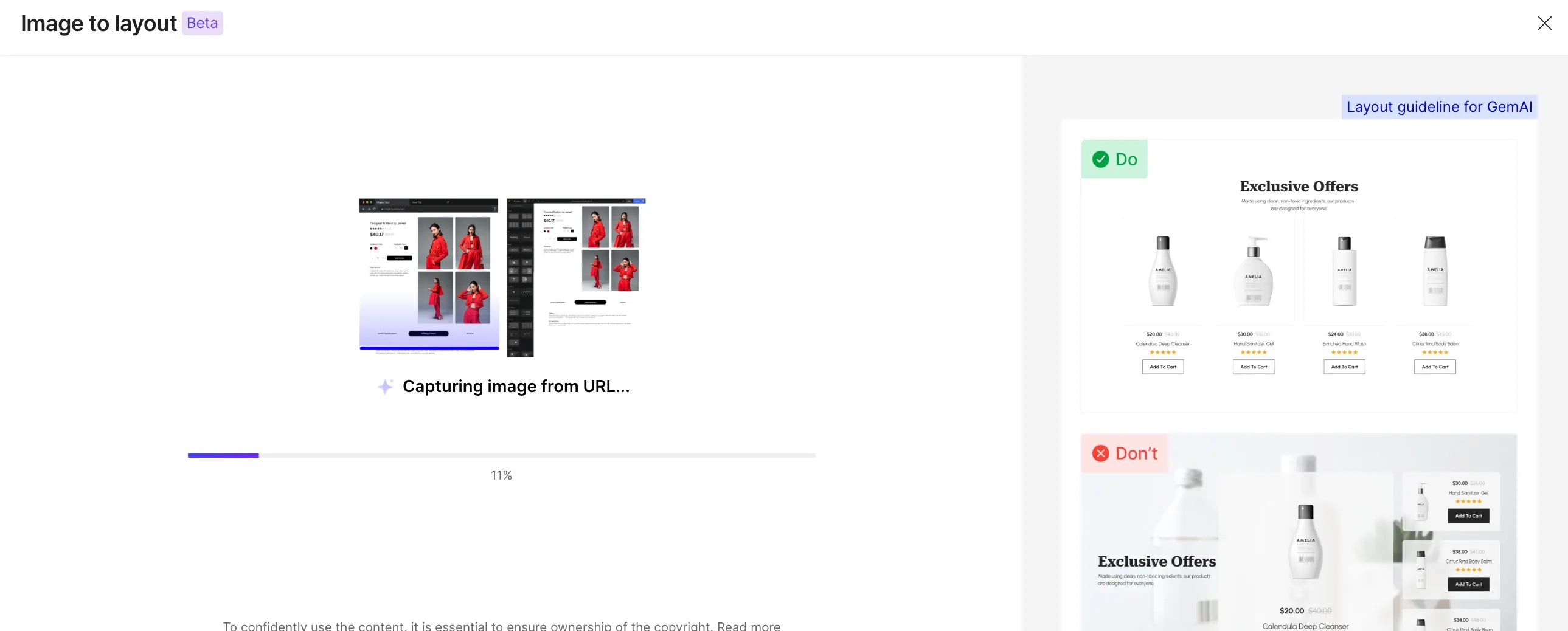 Una captura de pantalla de Image-to-Layout de GemPages en su editor.
