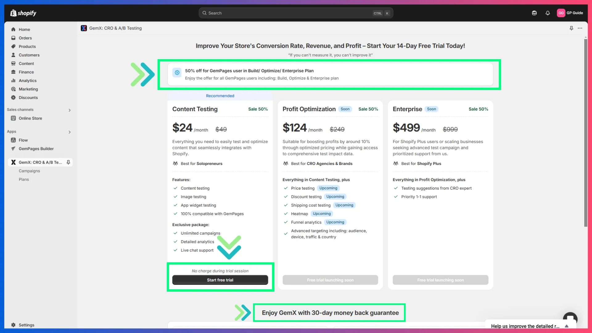 GemX app pricing plans in Shopify admin