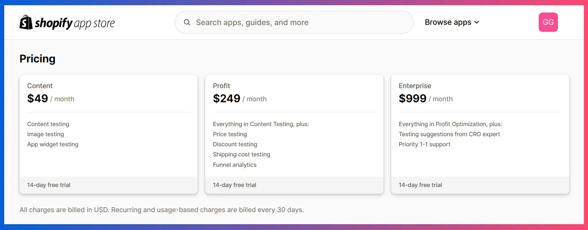 GemX: CRO & A/B Testing app - pricing plans