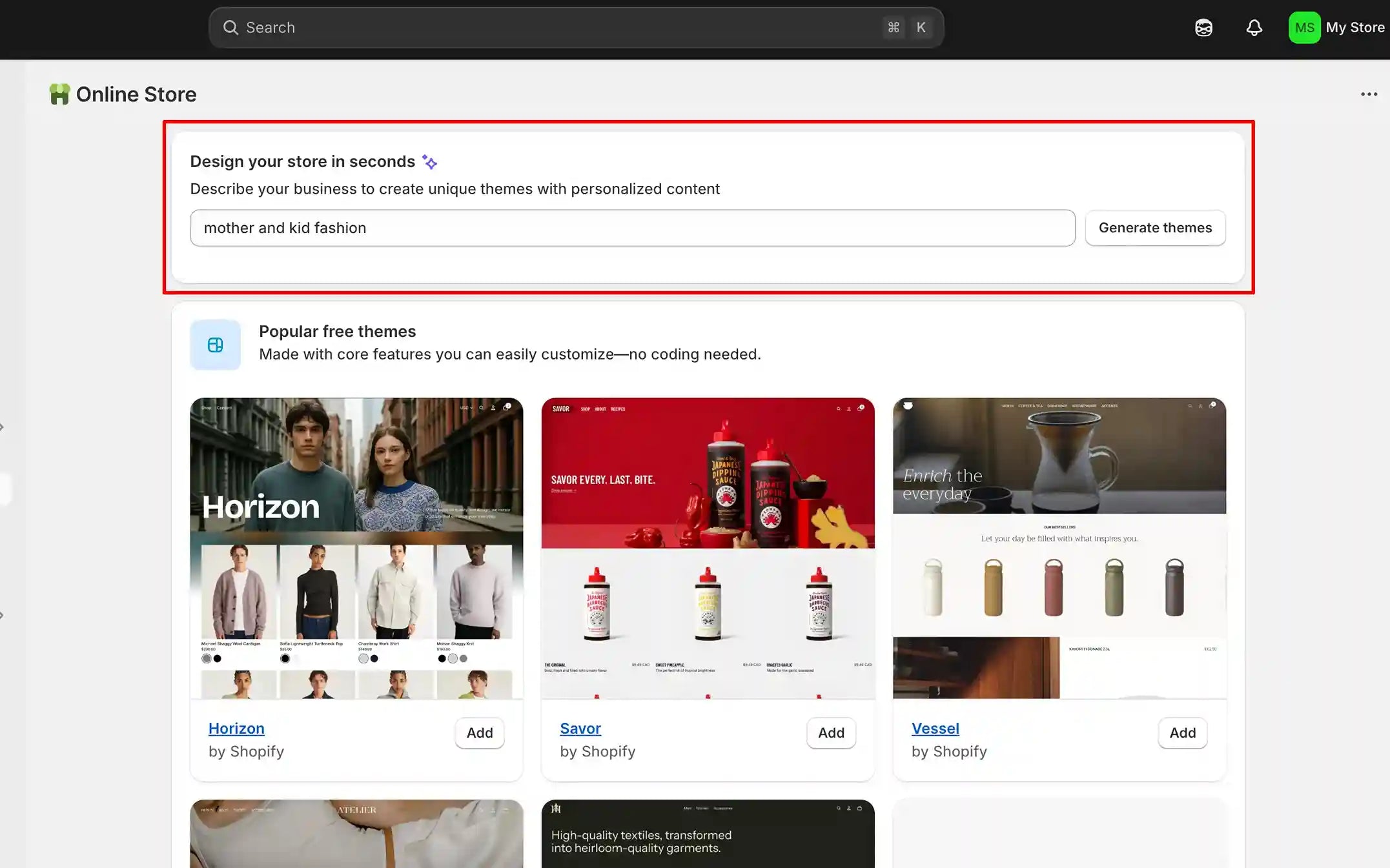 enter description in shopify ai website builder bar