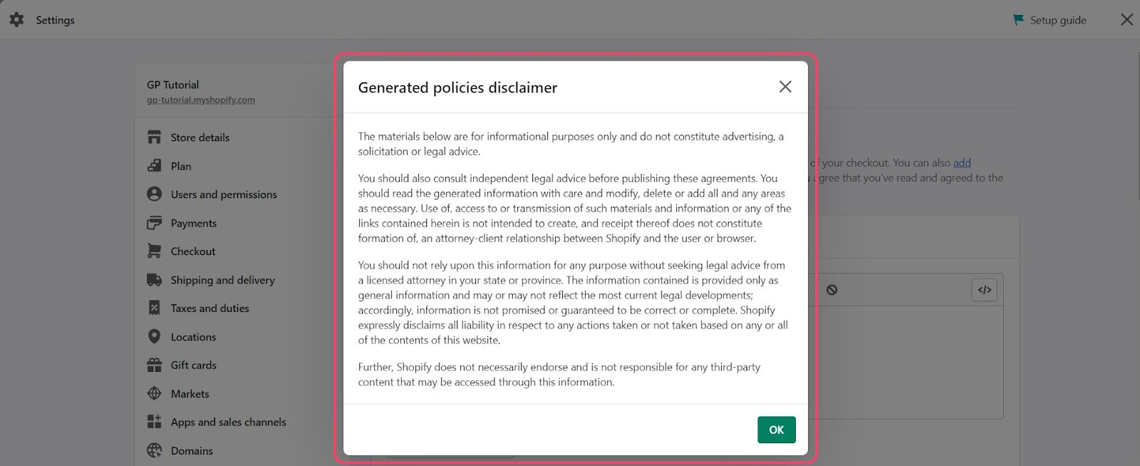 Generated policies disclaimer