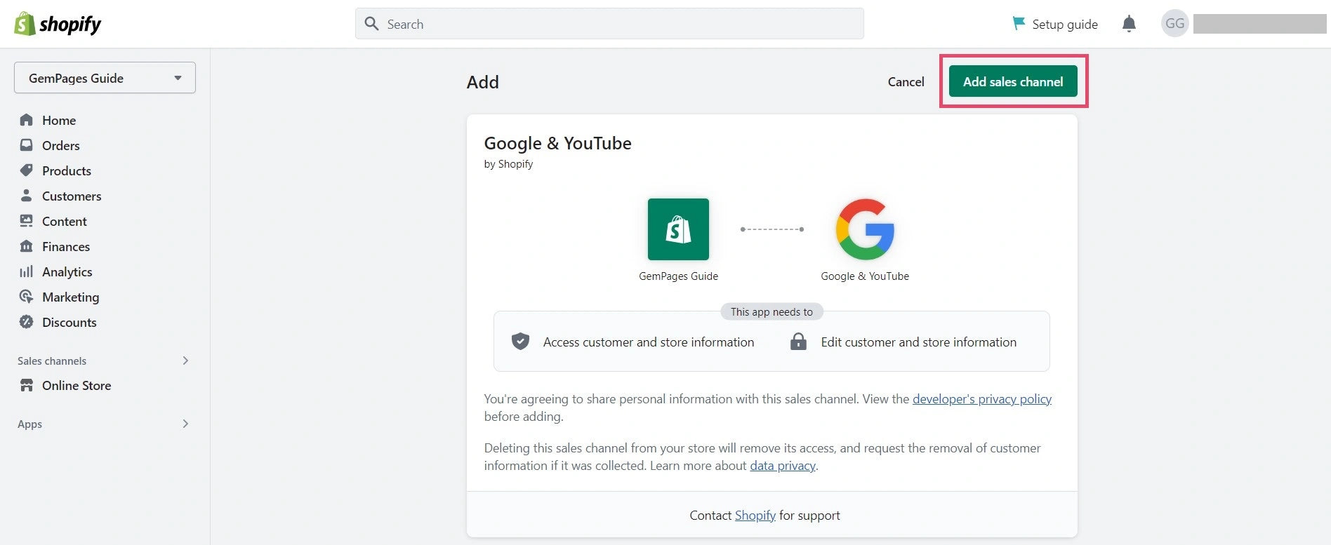 Shopify 管理员 - 添加 Google 和 YouTube 销售渠道