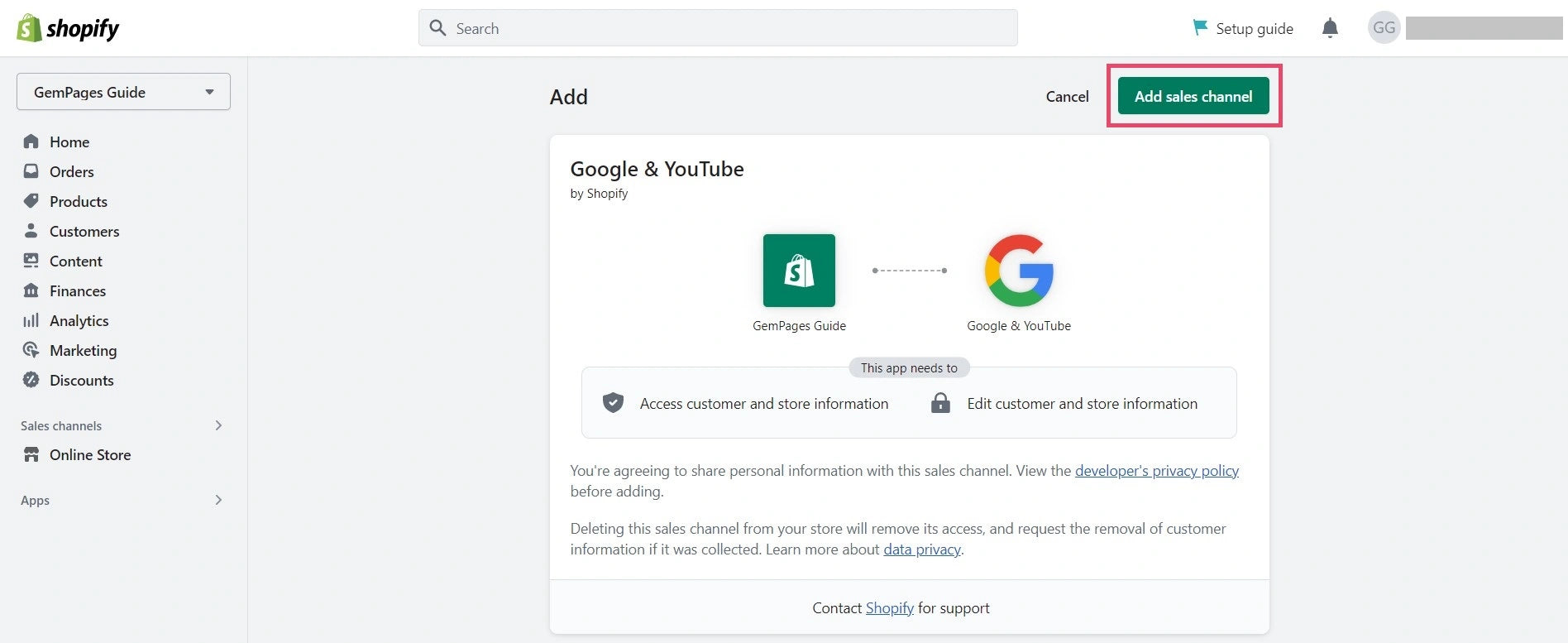 Shopify admin - Adding Google & YouTube sales channel