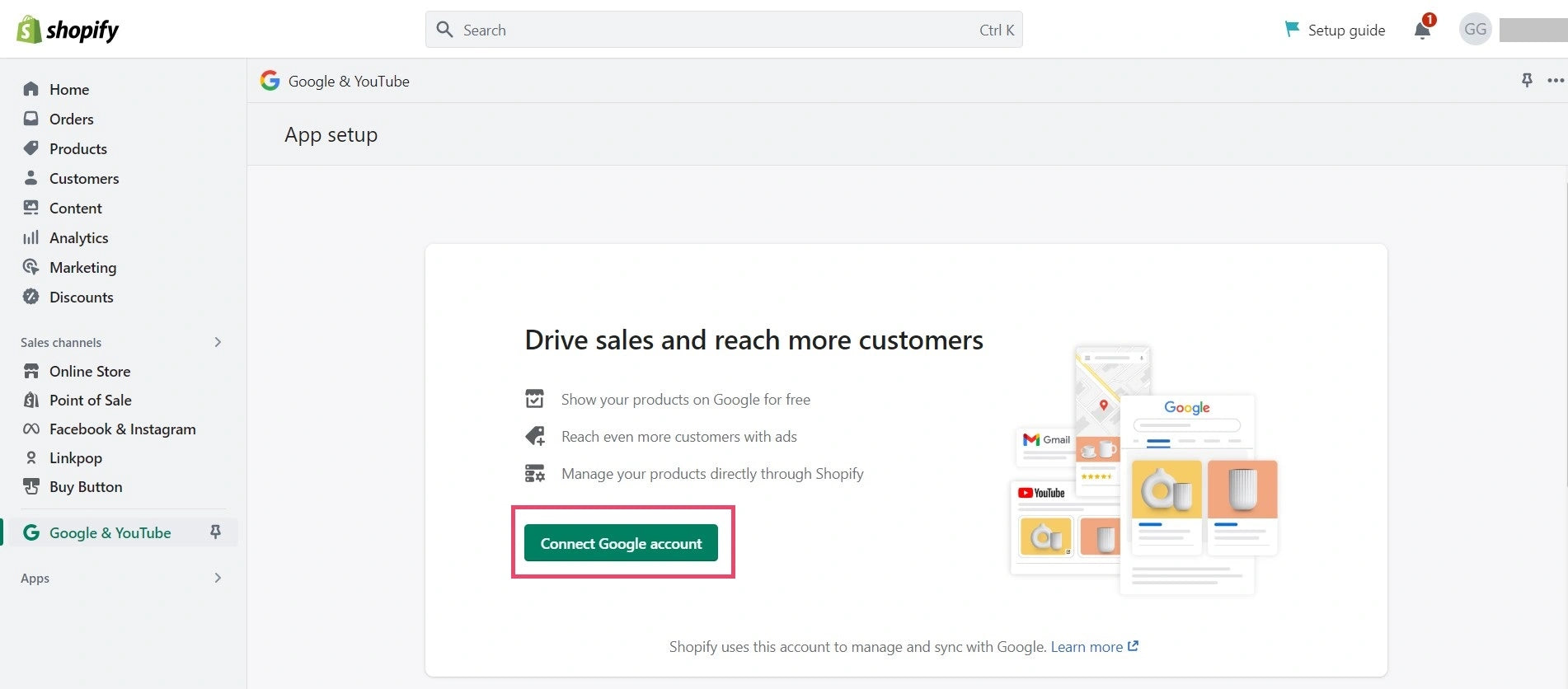 Shopify admin - Google & YouTube sales channel
