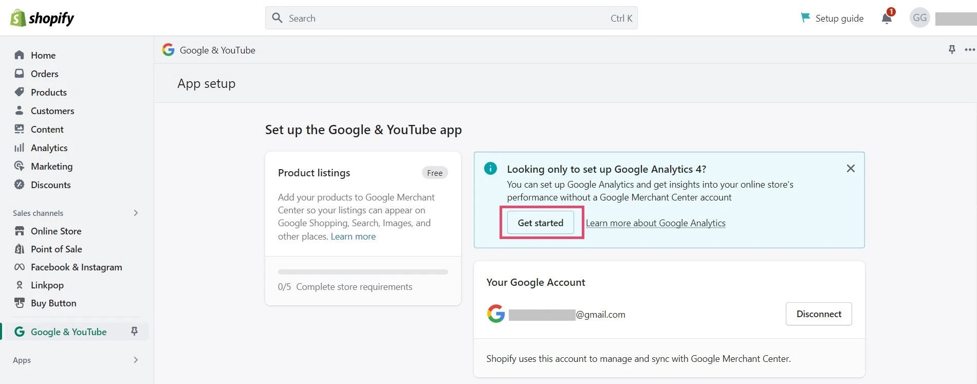 Shopify admin - Google & YouTube sales channel