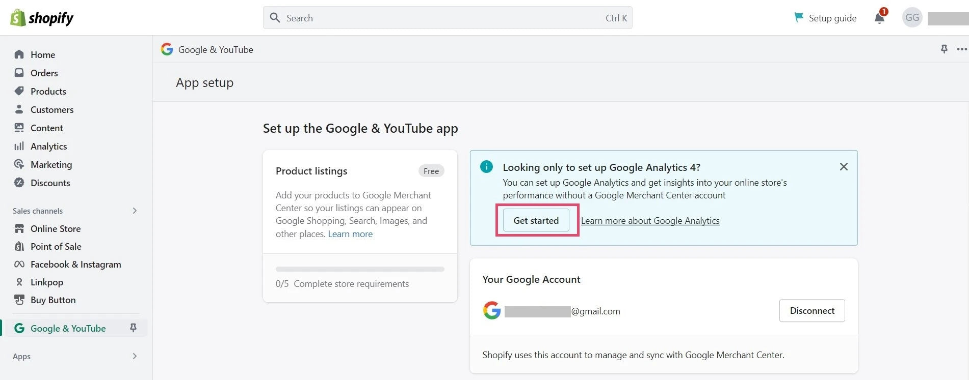 Shopify 管理员 - Google 和 YouTube 销售渠道