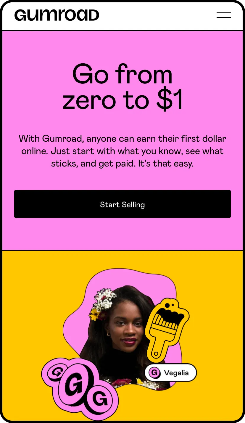 Screenshot of Gumroad’s mobile website.