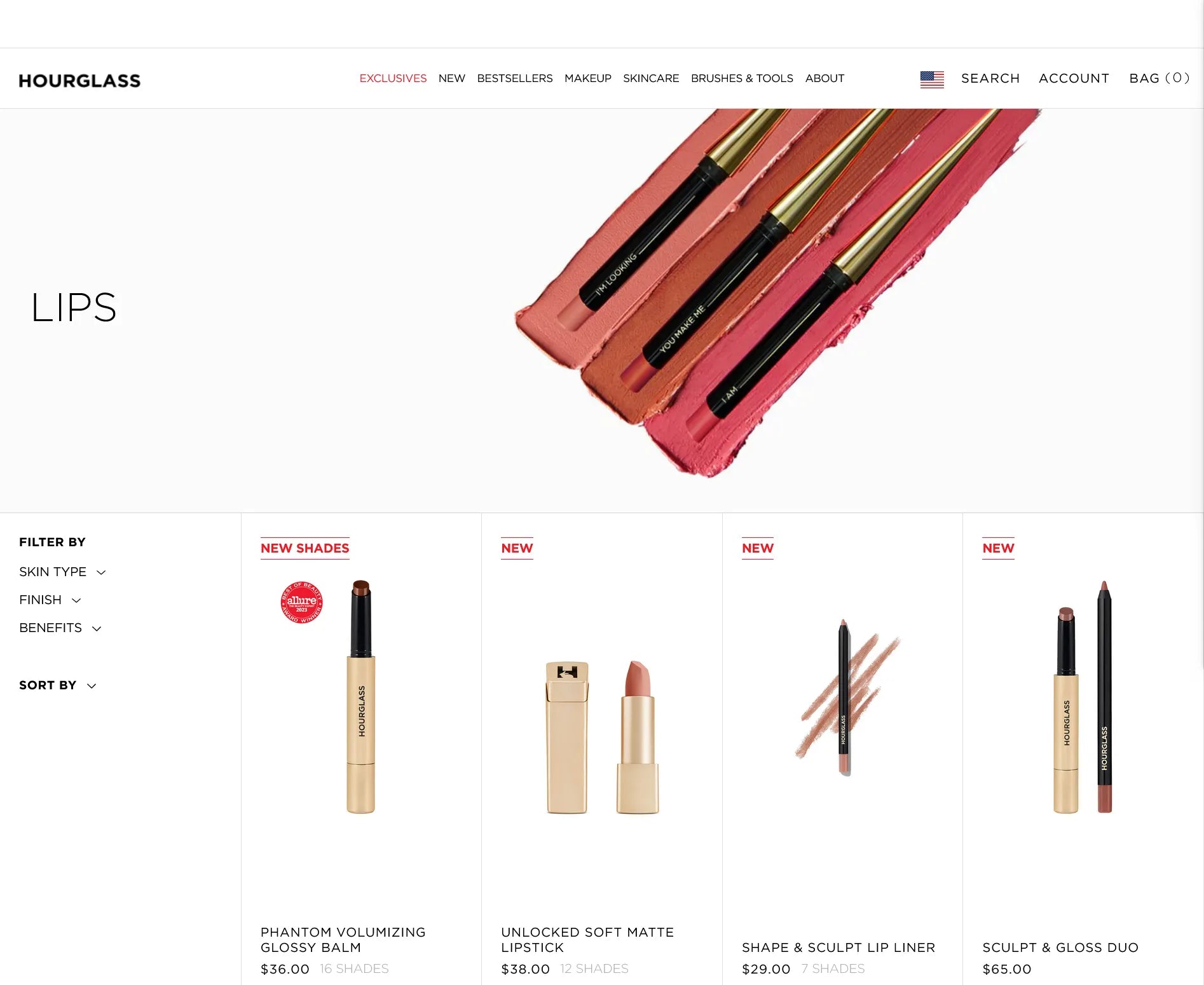 Screenshot of Hourglass Cosmetics’ website.