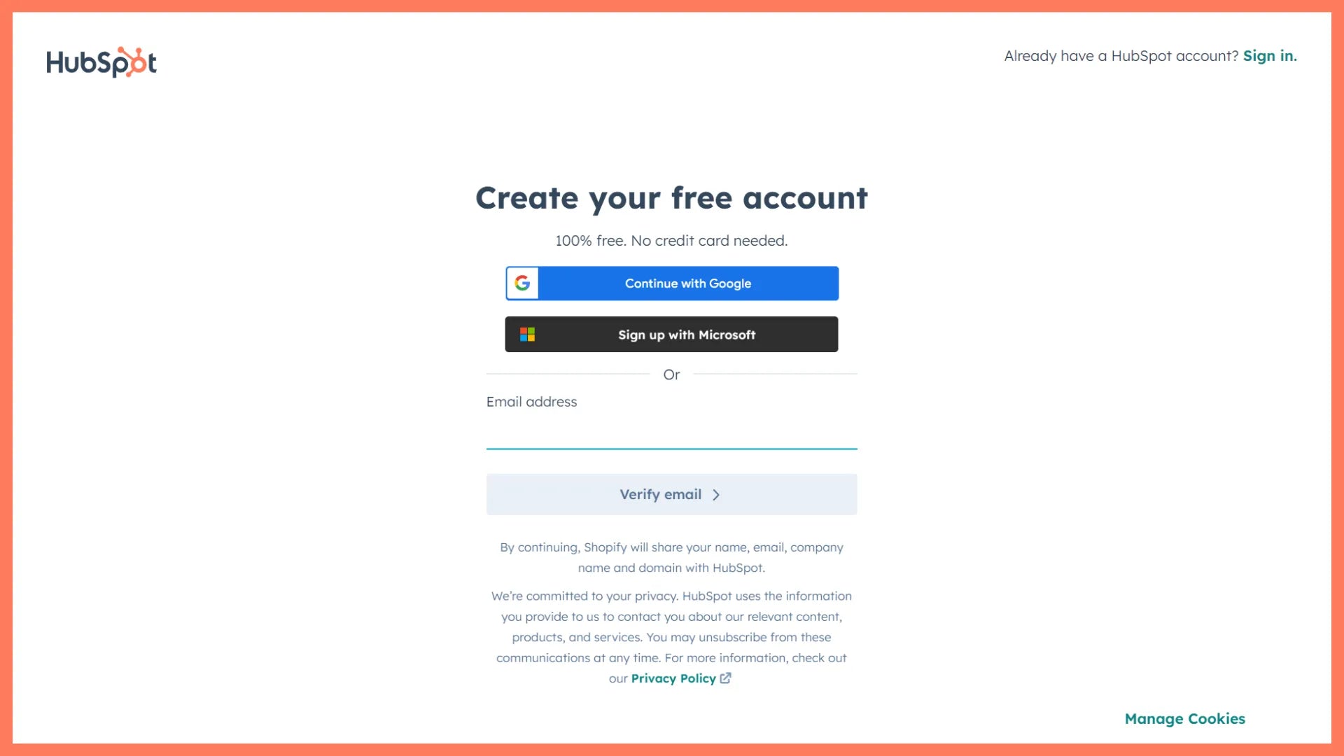 HubSpot account sign-up page