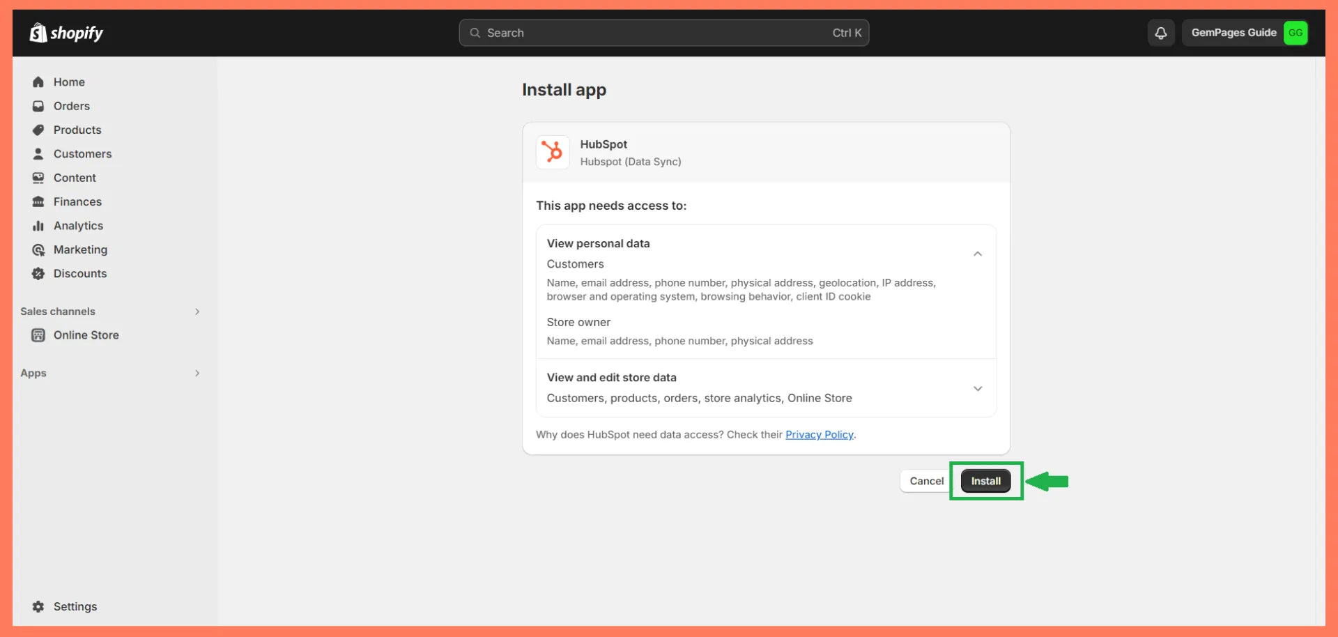 HubSpot app installation process in Shopify admin