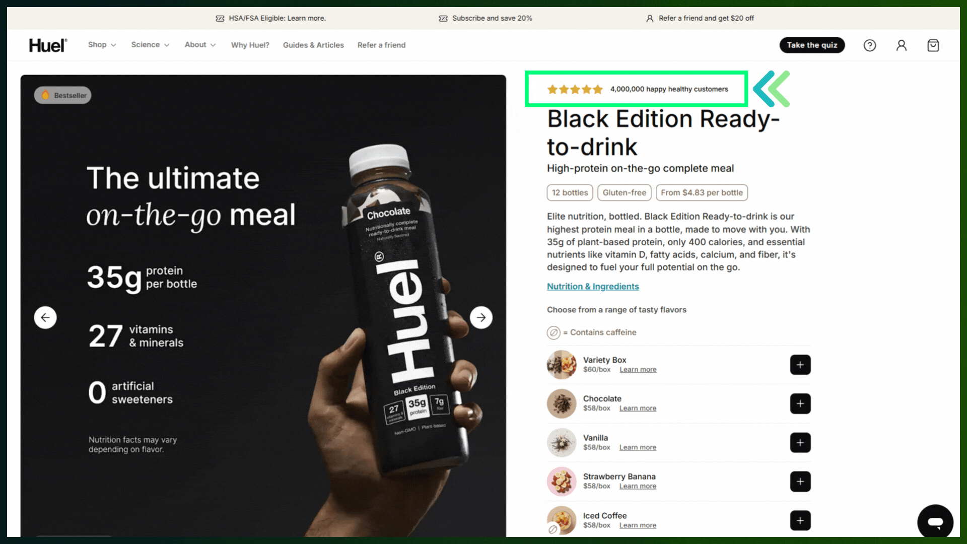 Huel’s product page with social proof above the title