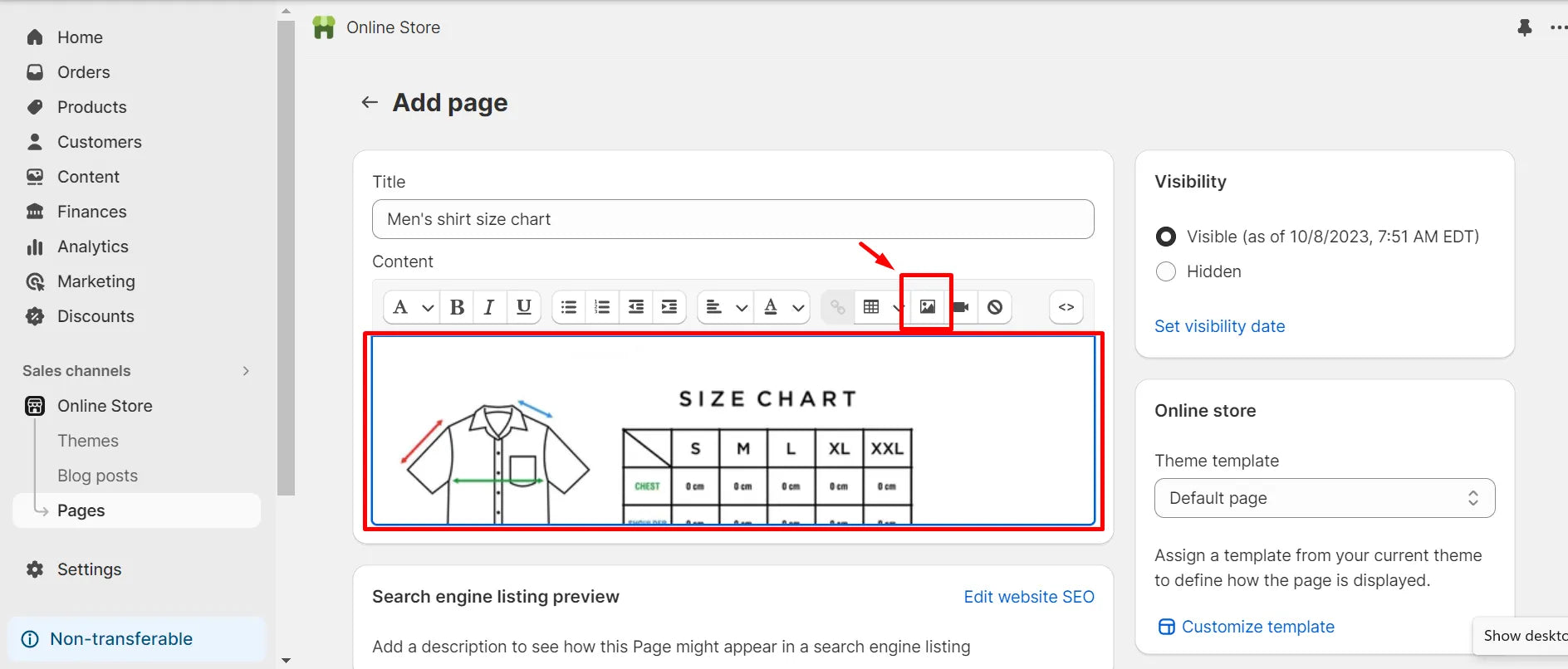 Screenshot of adding a size chart image.