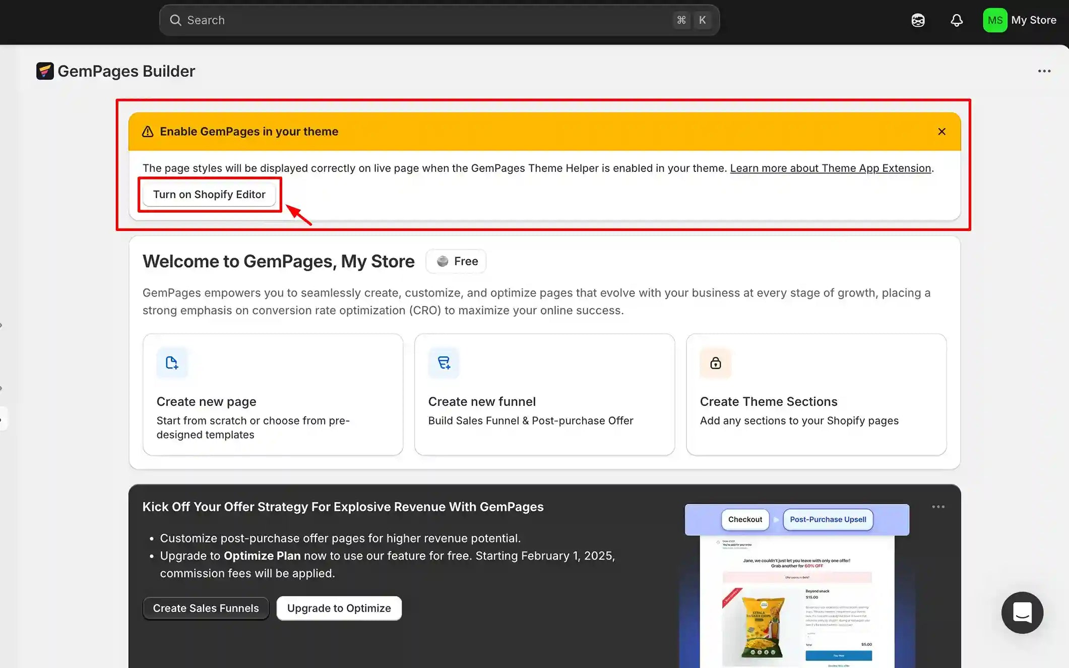 install and enable gempages in shopify admin