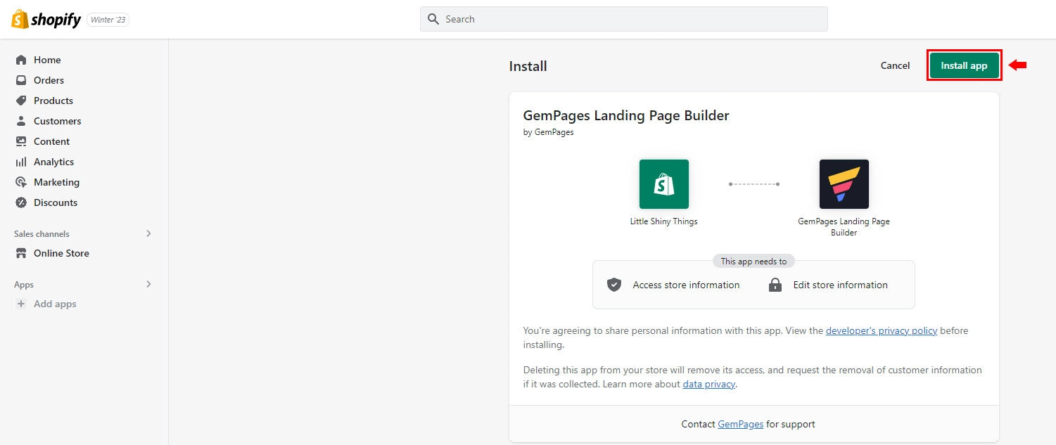 Screenshot of installing GemPages on Shopify