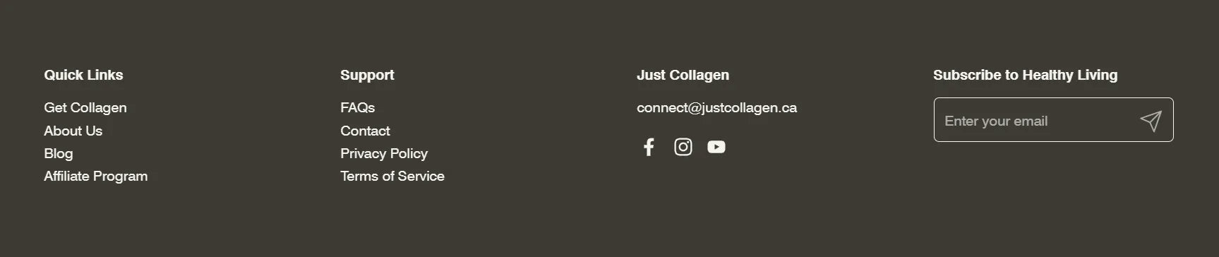 A screenshot of Just Collagen’s footer.