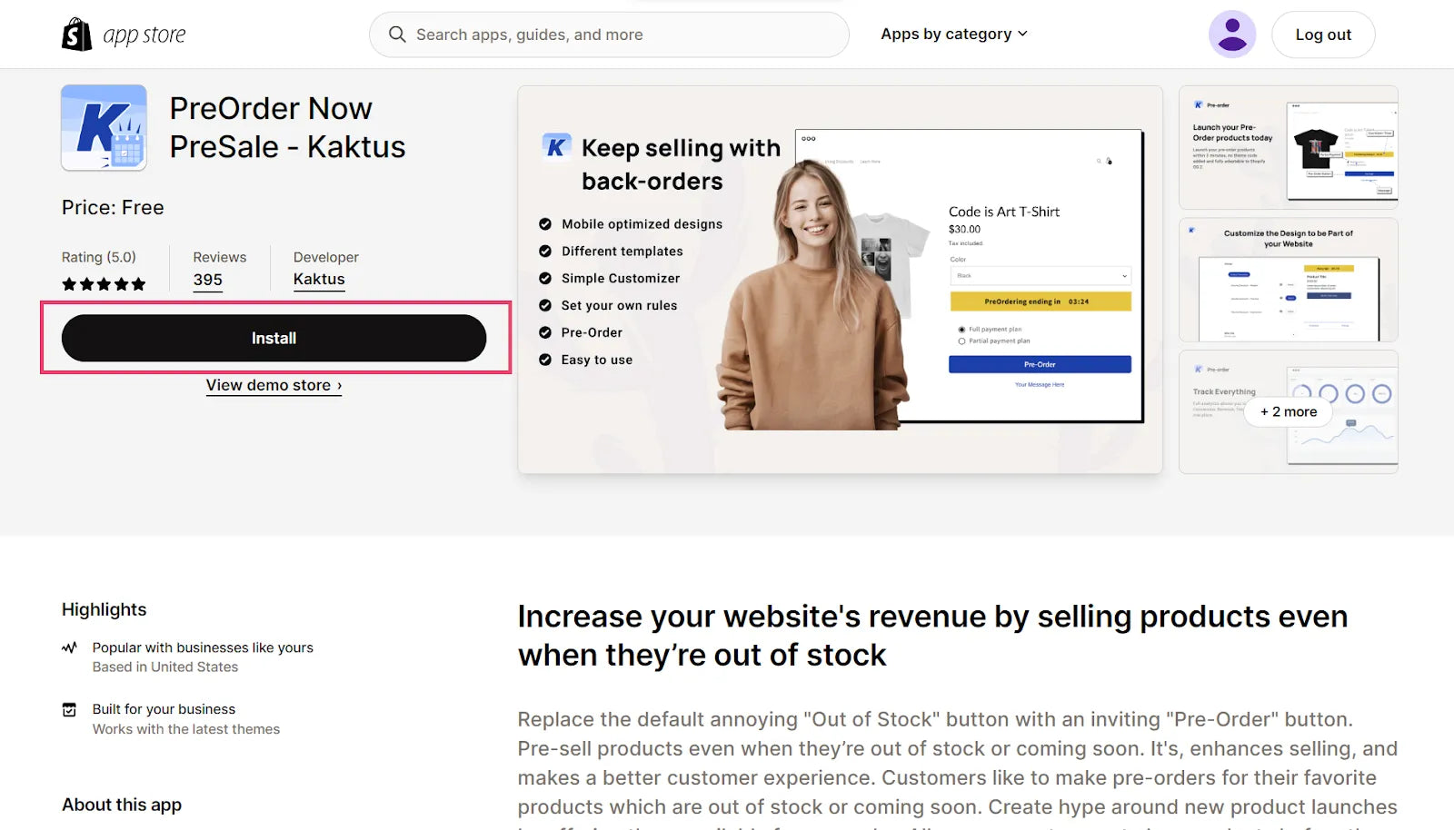 Kaktus pre-order app in the Shopify App Store